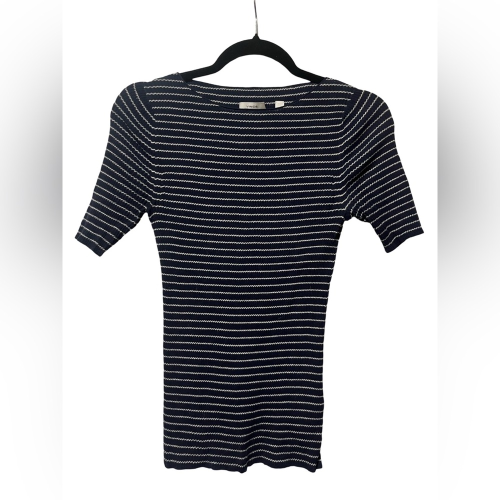 Vince Striped Navy & White Ribbed Crewneck, Small